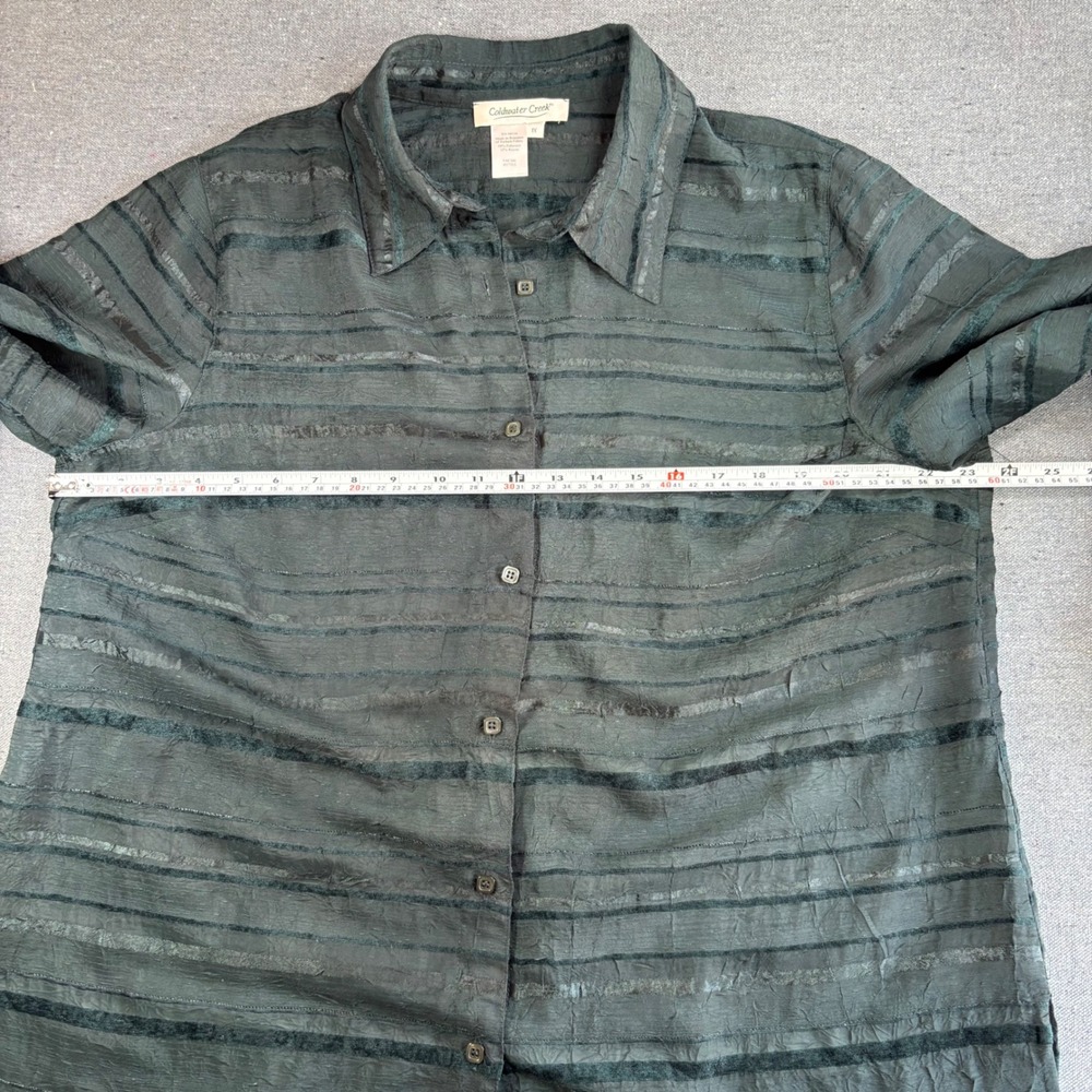 Coldwater Creek Womens 1X Green Crinkle Velvet Stripe Button Down Blouse - Picture 3 of 8